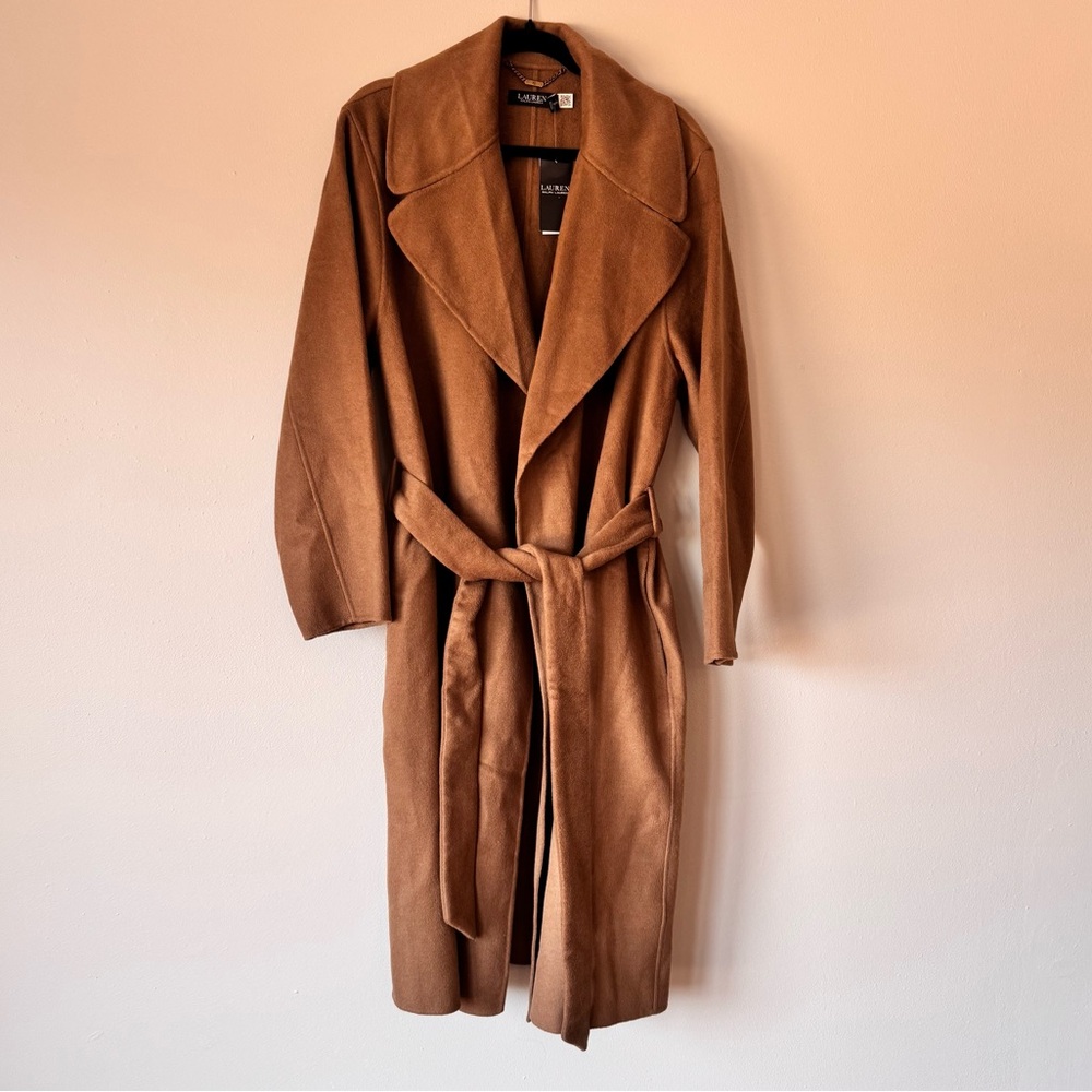 NWT Lauren Ralph Lauren Double-Faced Wool Wrap Coat Honey Tan Belted Size 16 - Picture 2 of 14